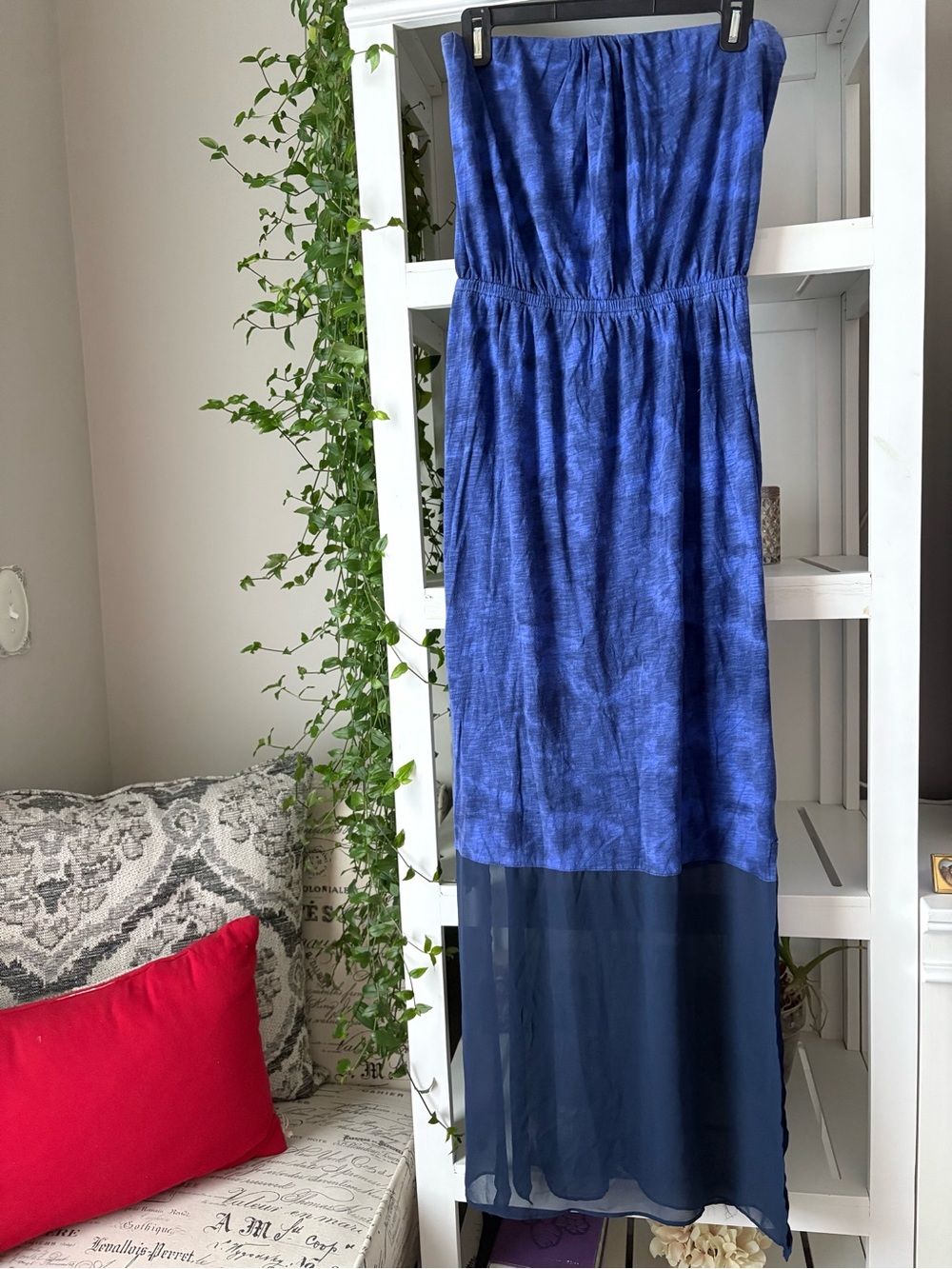 Express Strapless Blue Maxi Dress with Sheer Hem